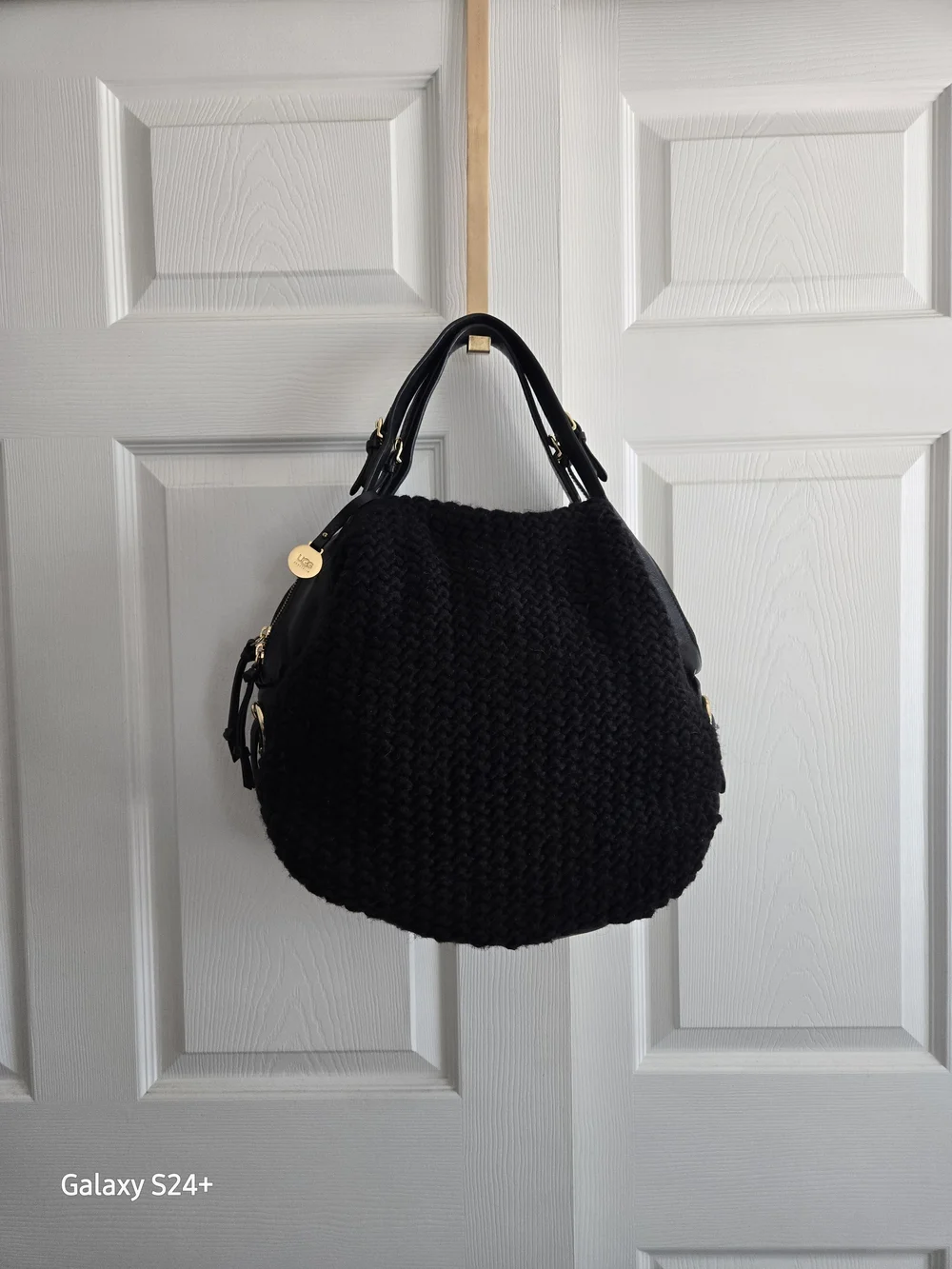 UGG Black Knit Leather Trim Hobo Satchel Bag